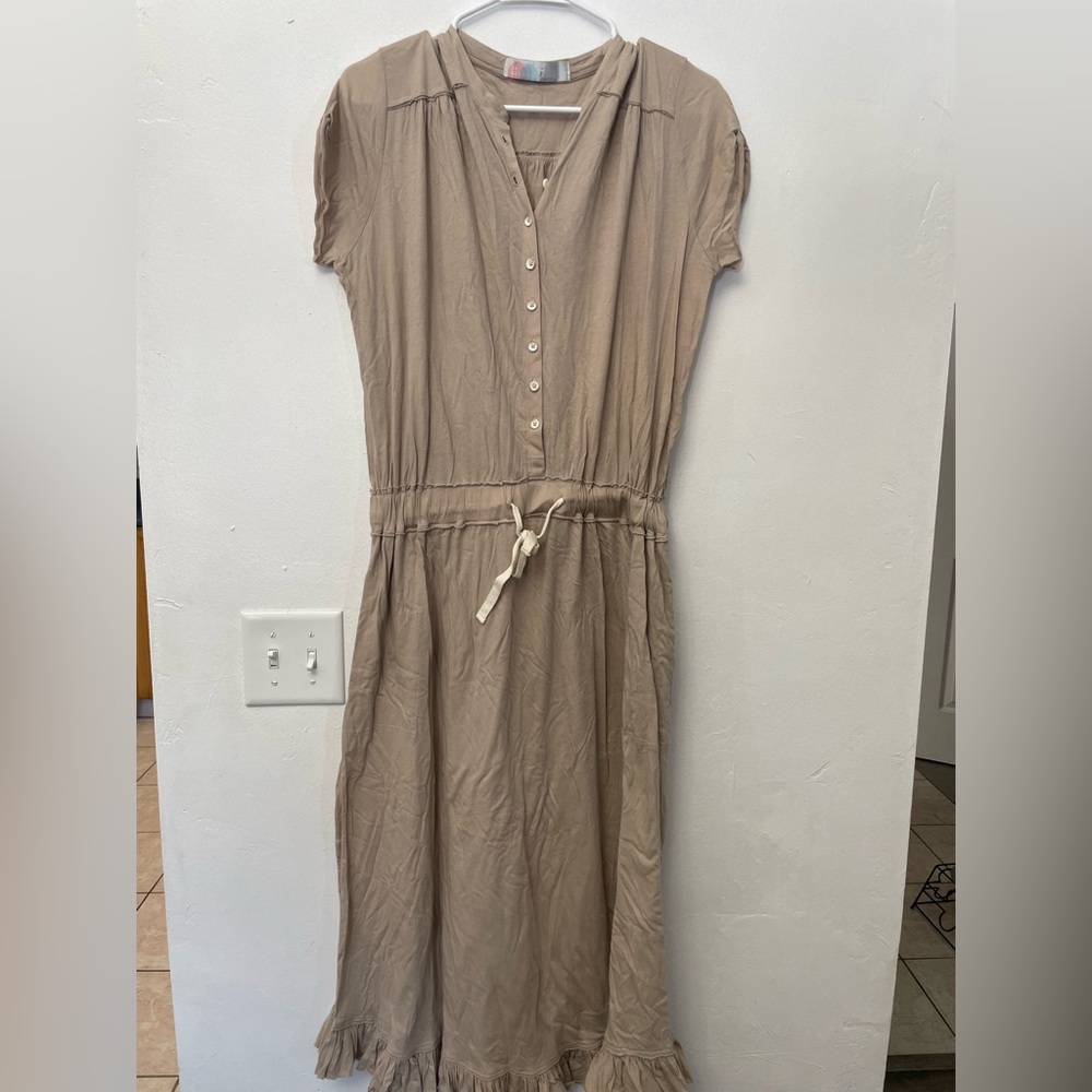 Free People Swim Cover Up Small Beige Boho Button Front Drawstring Midi Dress